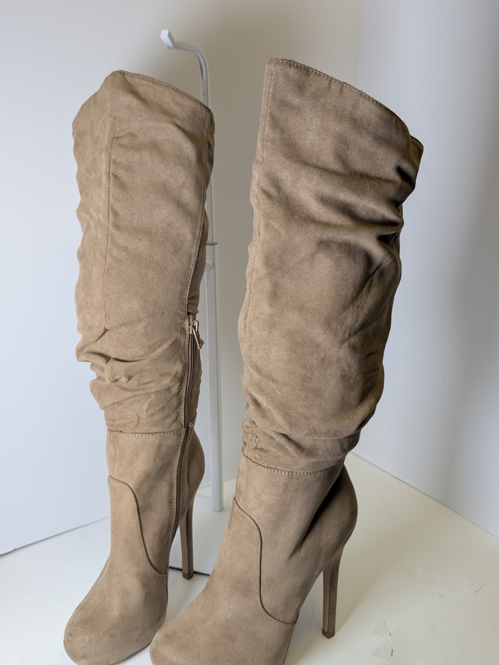 JustFab Taupe Slouch Over-the-Knee Heeled Boots